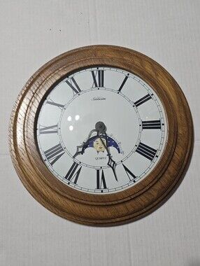 Sunbeam Quartz 12.75" Round Wood Frame Clock Vintage NWOT Stars Moon Sun Dial
